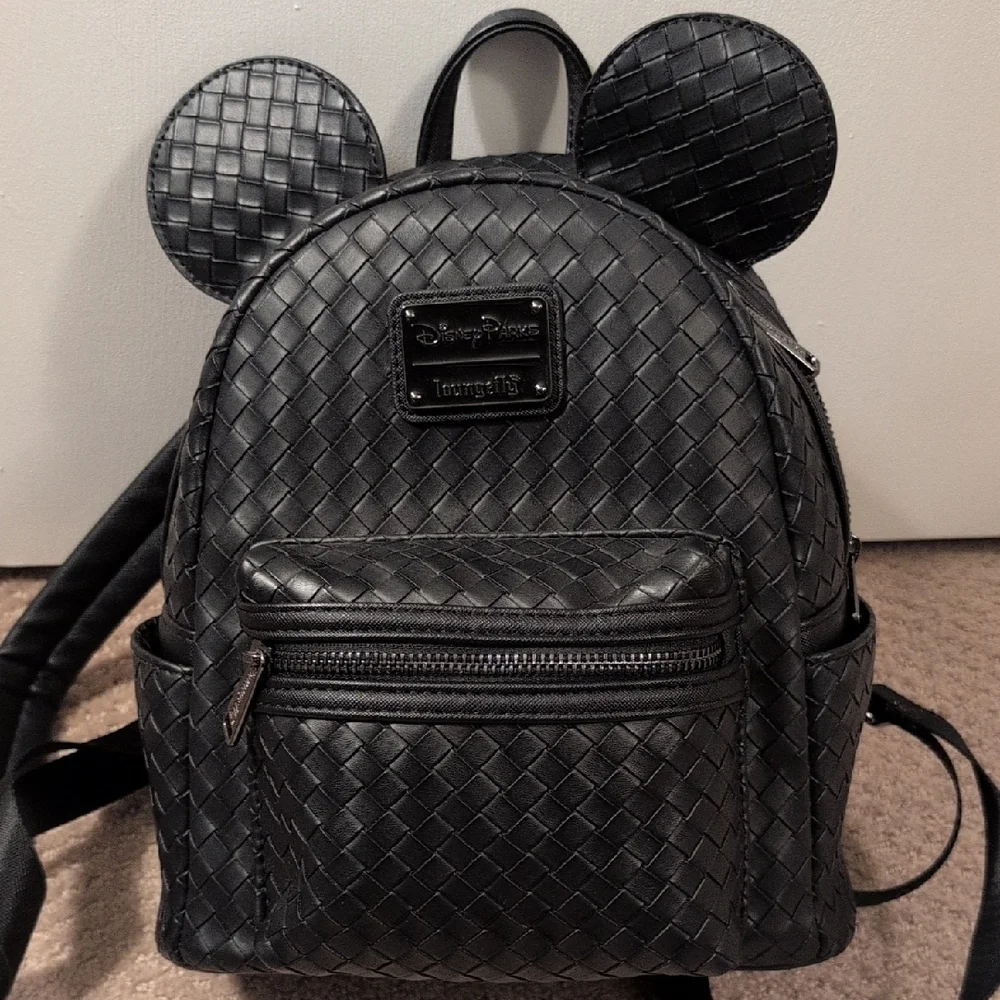 Loungefly Disney Parks Mickey Black Woven Backpack Like New (Wallet In Closet) - Picture 3 of 8